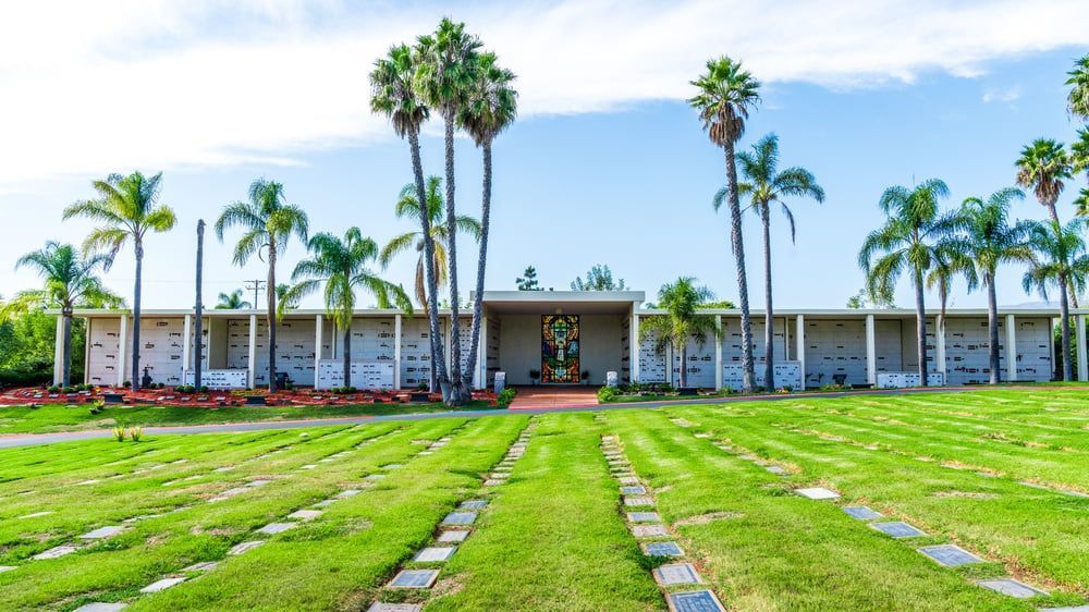 Palm-lined modern building behind a bright green lawn and clear blue sky.