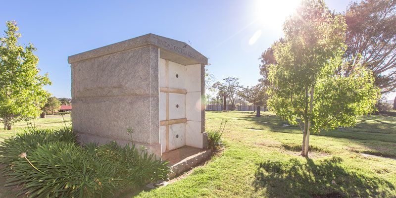 Small concrete utility shed in a sunny grassy park with trees and bright sky