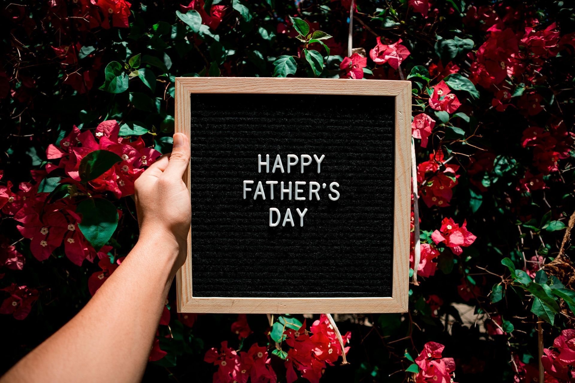 Hands holding a framed sign reading “Happy Father’s Day” against red flowers