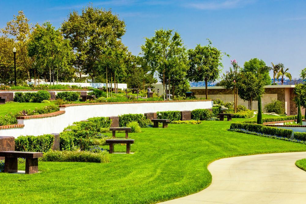 Sunny landscaped park with green lawns, white paths, benches, and trees under a blue sky