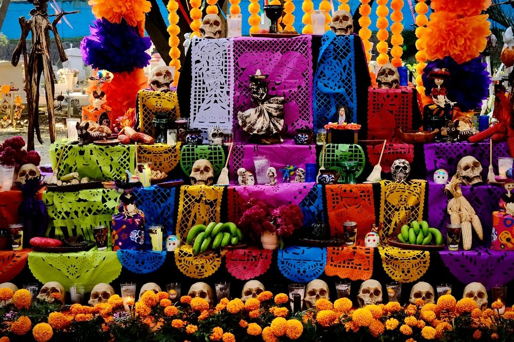 Dia de los Muertos Altar or Ofrenda, brightly decorated.