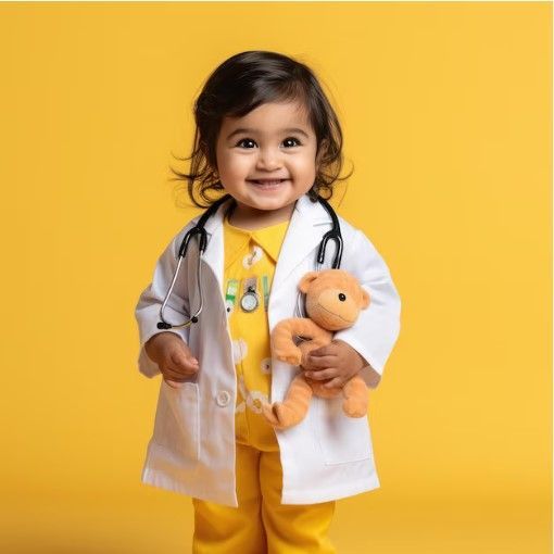 Smiling toddler in a doctor's coat and stethoscope, holding a teddy bear, set against a yellow background.