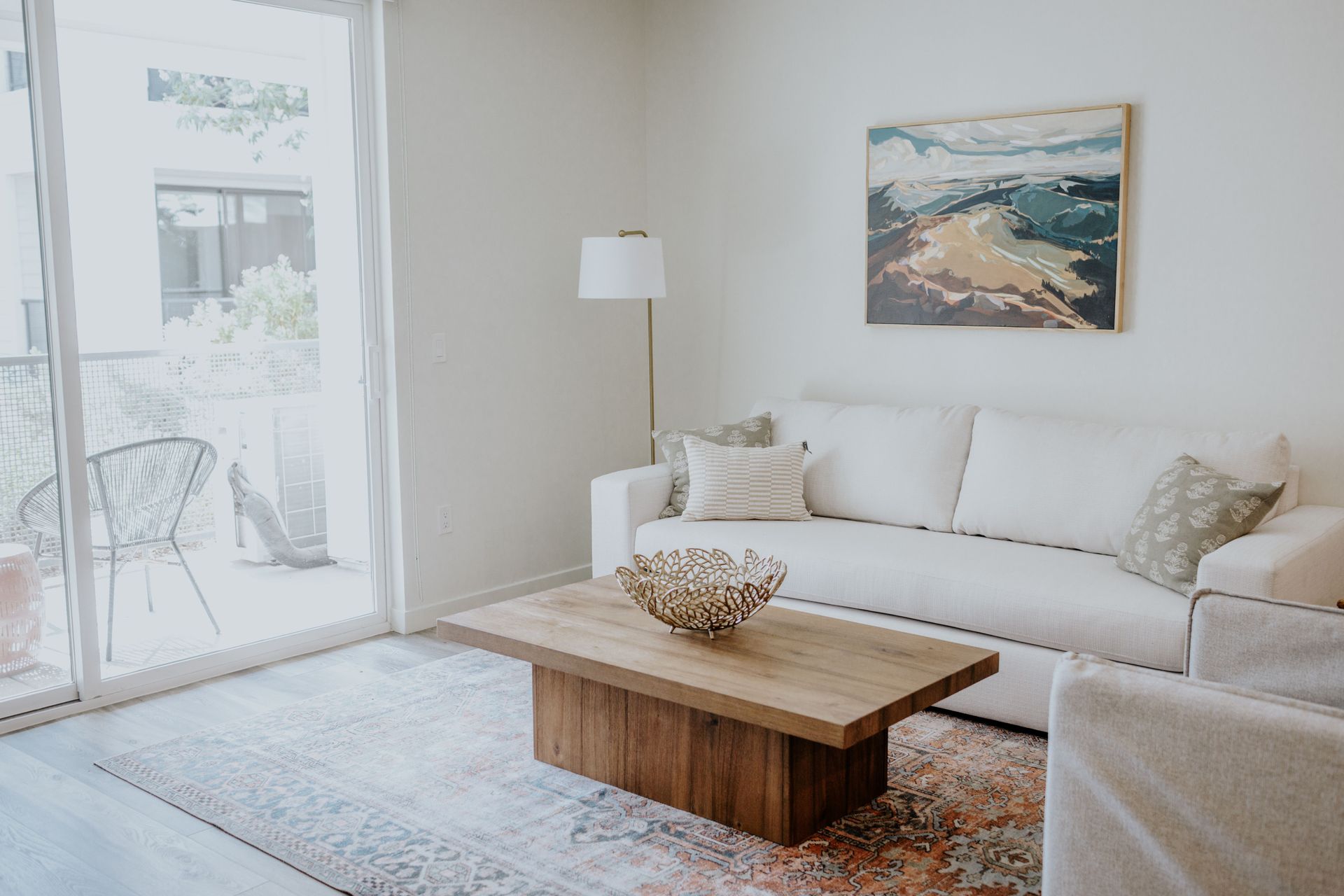 1 bedroom living room with couch and coffee table