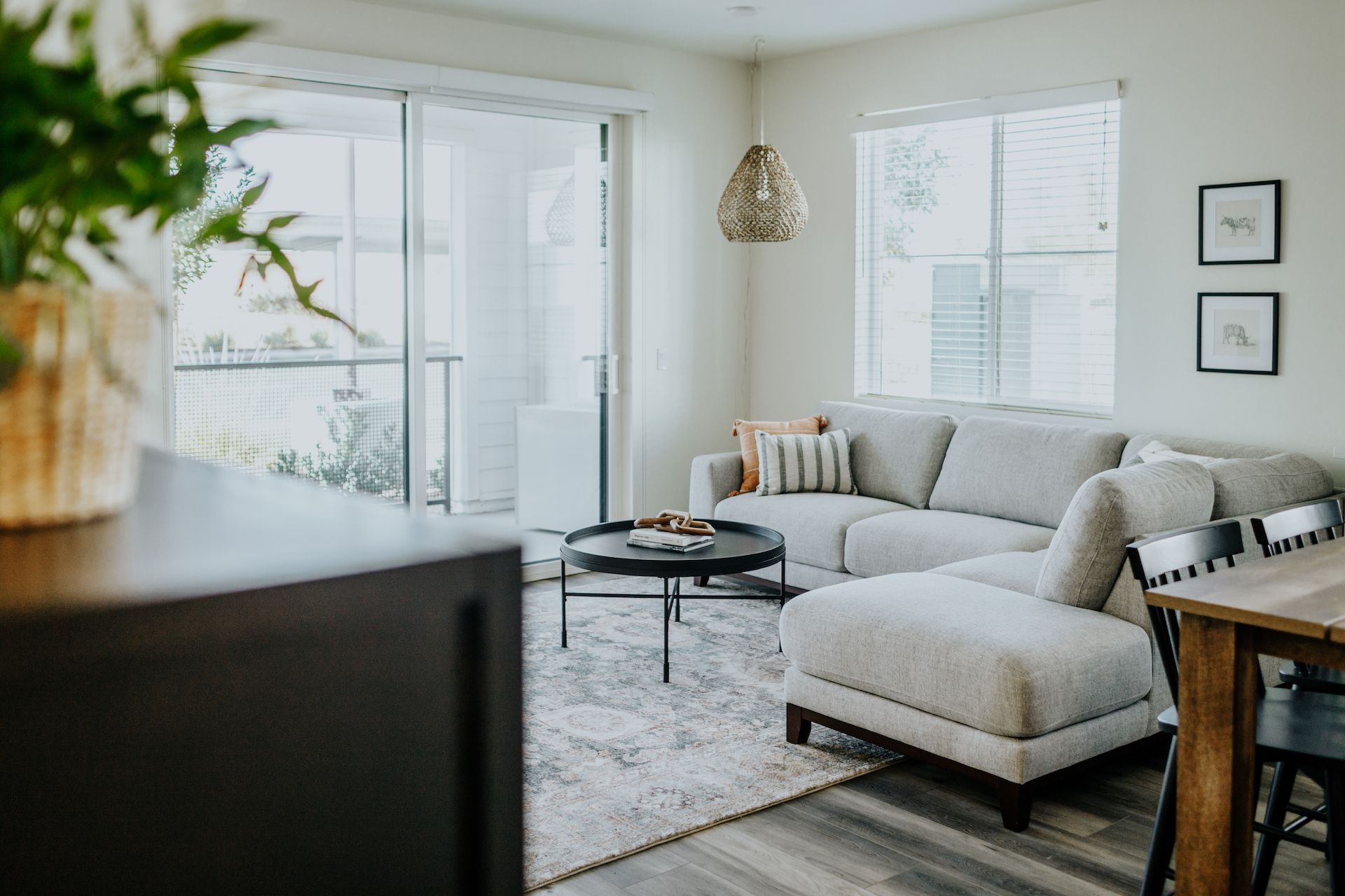 two bedroom living room with couch, rug, and coffee table