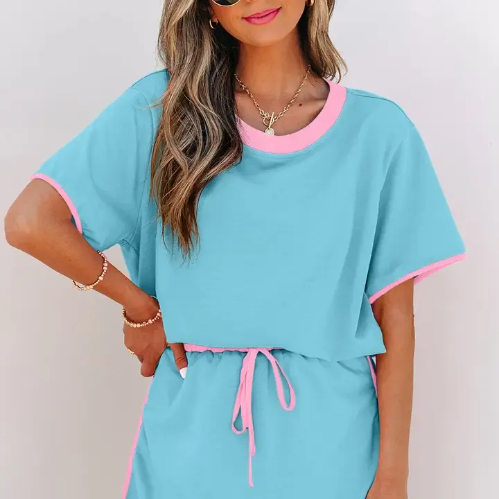 Turquoise Colorblock T Shirt and Skort 2Pcs Set