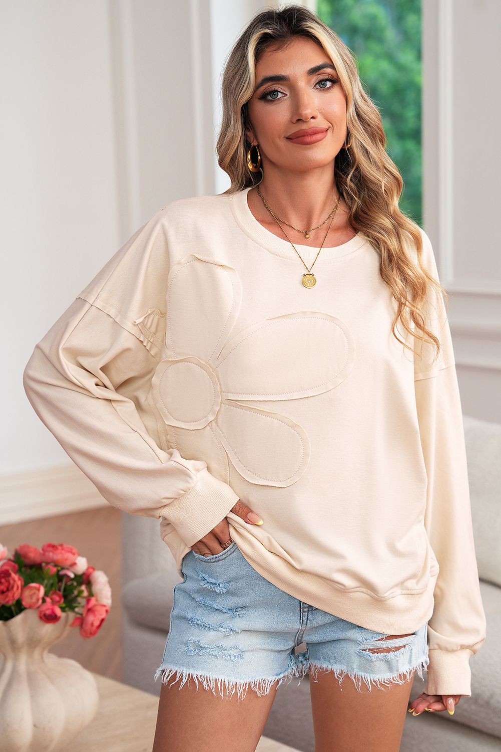 Beige Flower Patch Long Sleeve Top