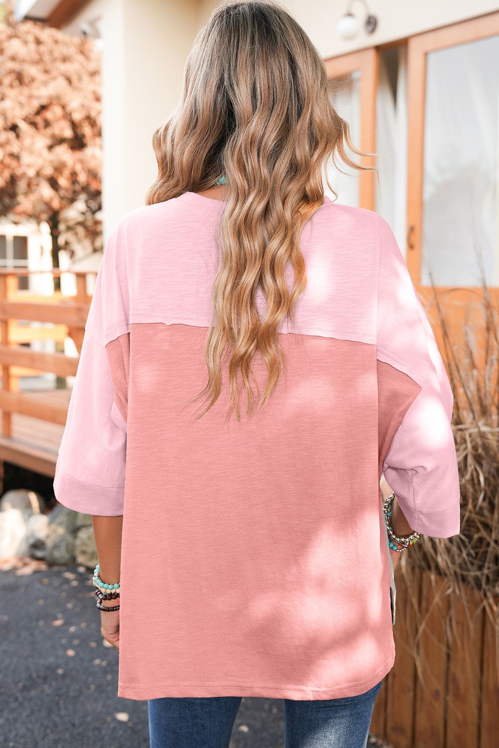 Pink Flower Patched 3/4 Sleeve top