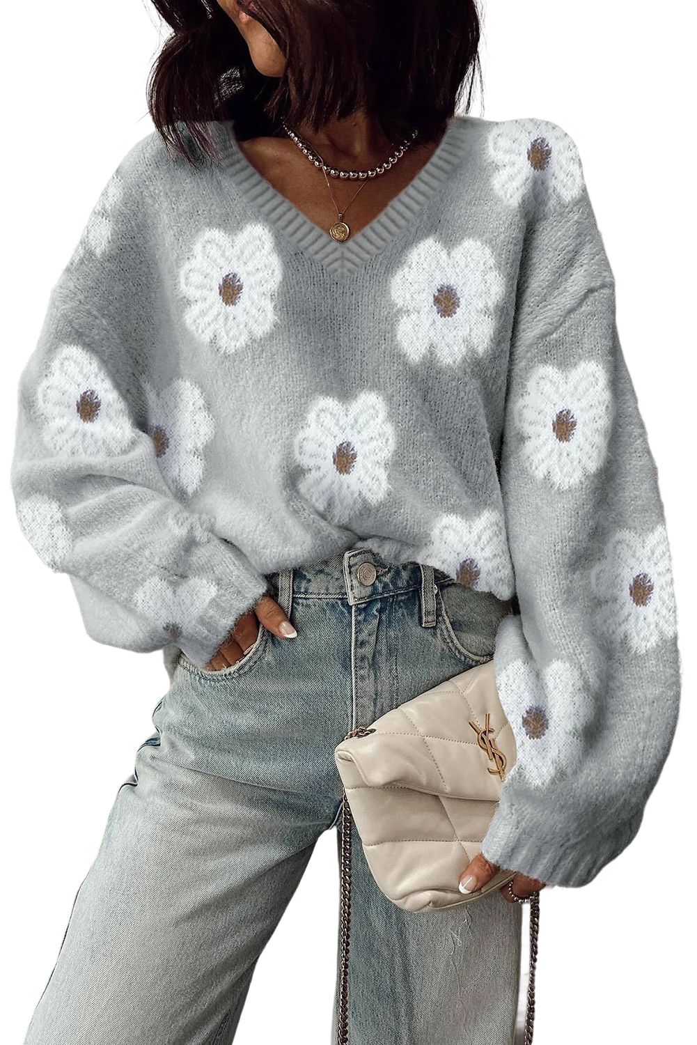 Gray Cute Flower Print V Neck Drop Shoulder Baggy Sweater