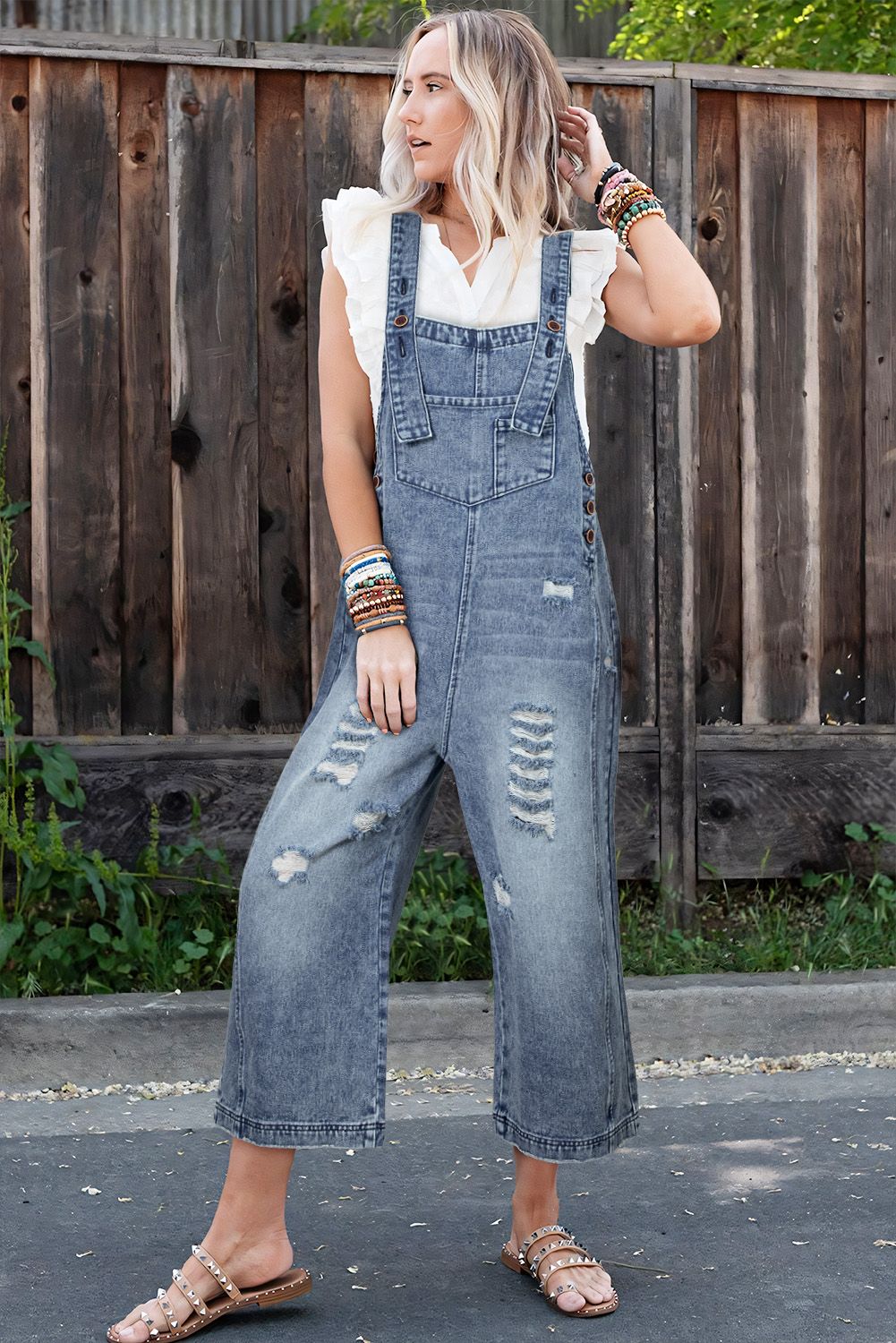 Stone Blue Distressed Wide Leg Denim Overall