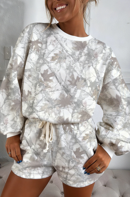 Light Grey Camouflage Print Shorts Set