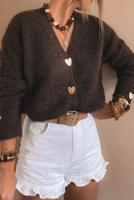 Chicory Coffee V Neck Button Knit Cardigan
