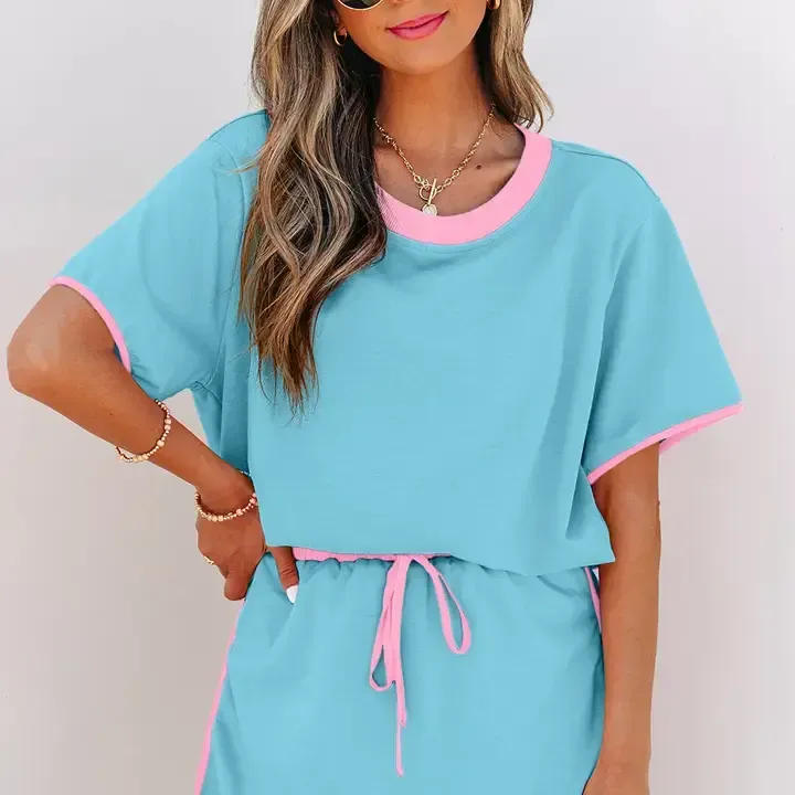 Turquoise Colorblock T Shirt and Skort 2Pcs Set