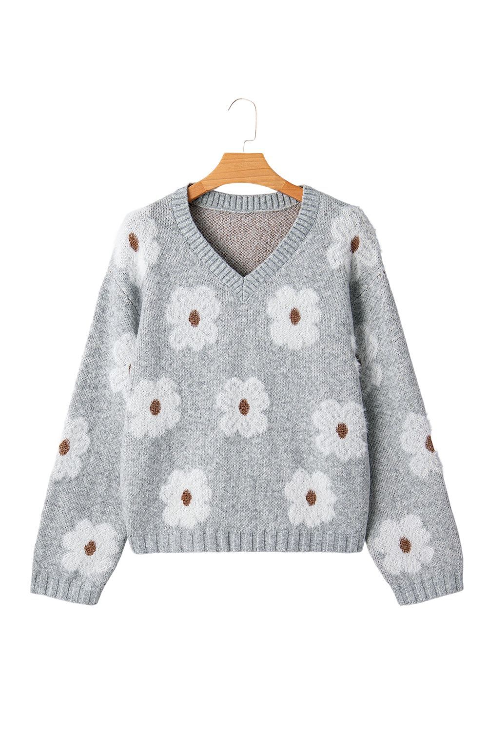 Gray Cute Flower Print V Neck Drop Shoulder Baggy Sweater