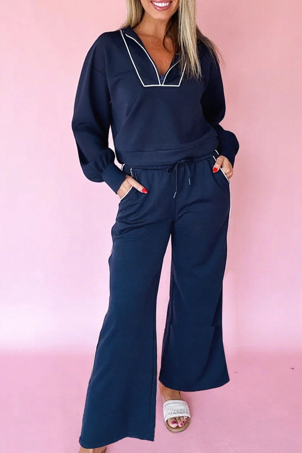 Navy Blue Contrast Piping Zipped Pullover Cropped Pants Set
