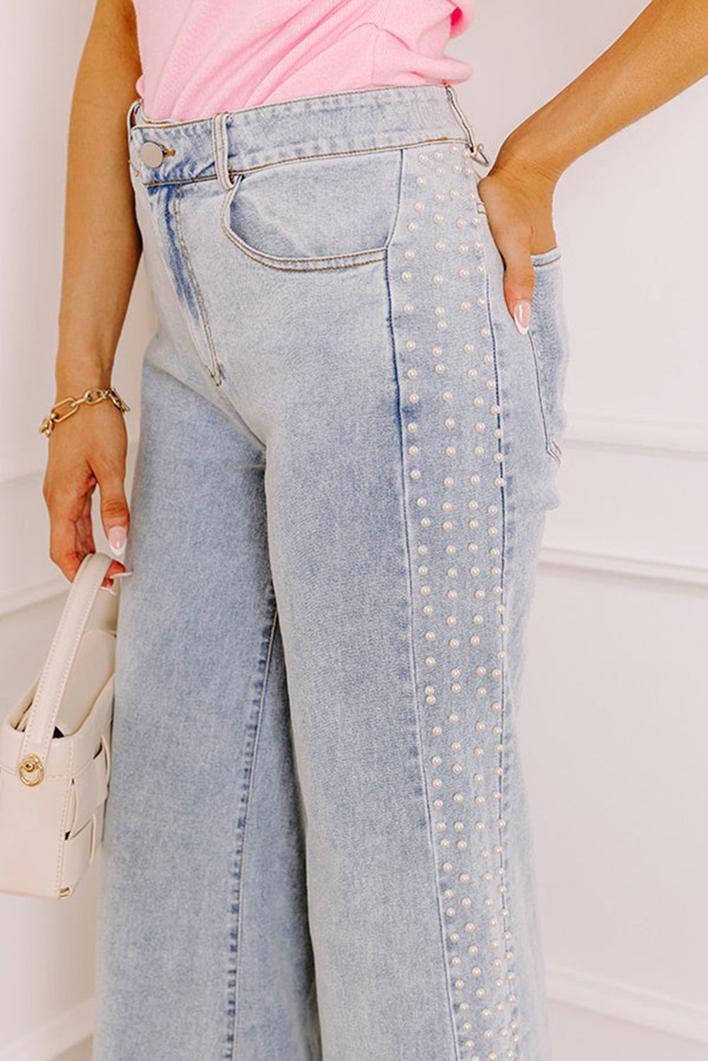 Beau Blue Mid Rise Pearl Embellished Wide Leg Jeans