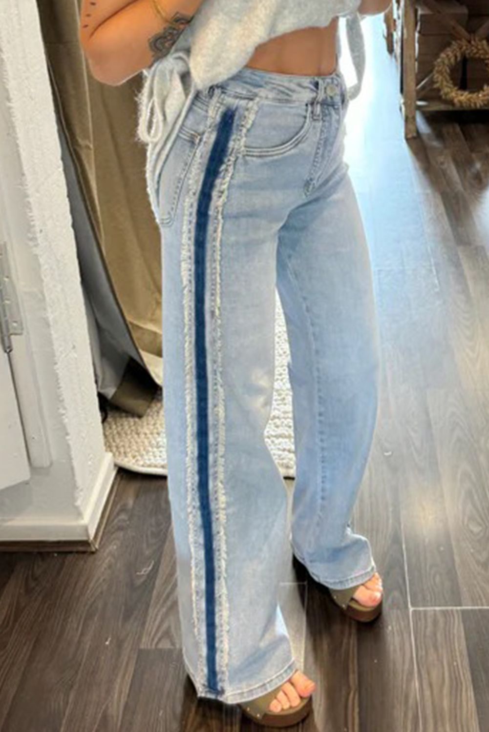 Beau Blue Contrast Stripe Frayed Jeans
