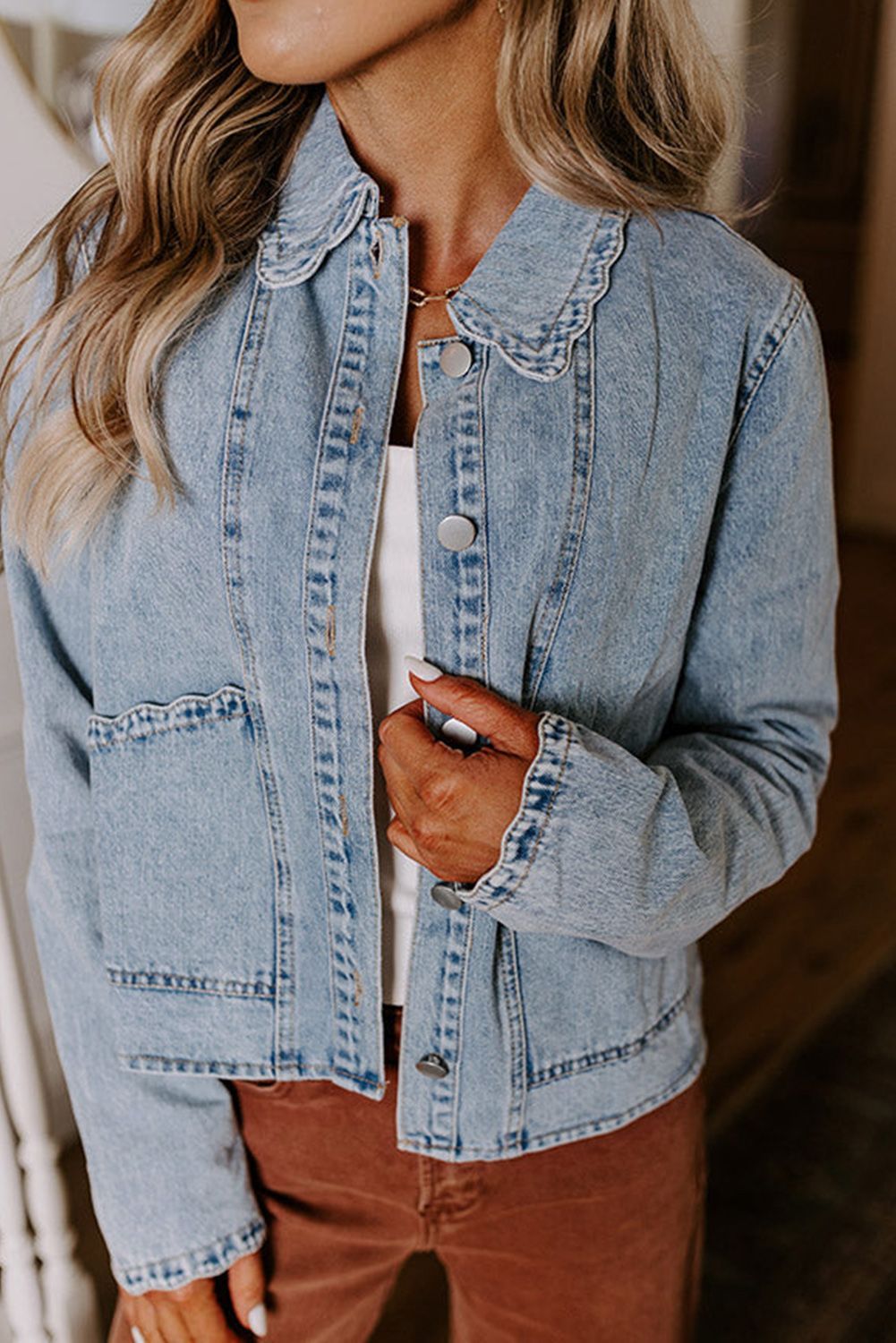 Scallop Trim Pocket Button Up Denim Jacket