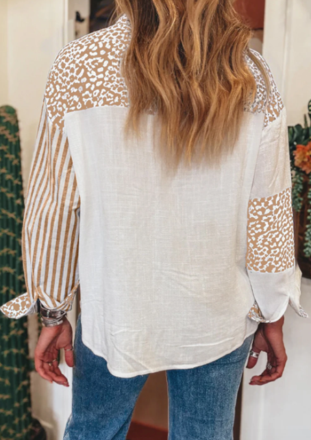 Khaki Leopard Striped Button-up Shirt Shacket