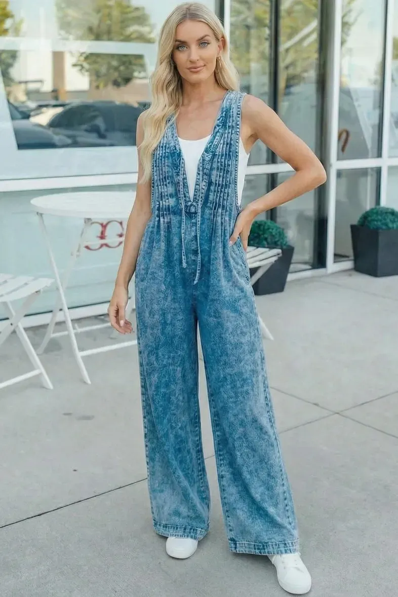 Western Acid Wash Pintuck Jumpsuit