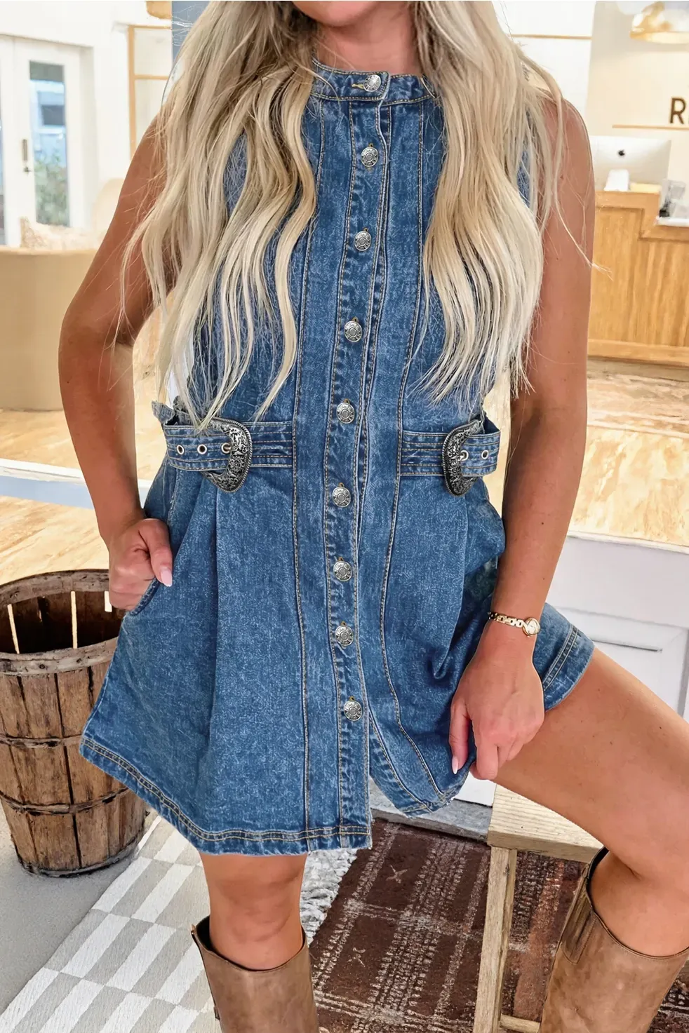 Western Belt Detail Button Down Sleeveless Denim Short Dress