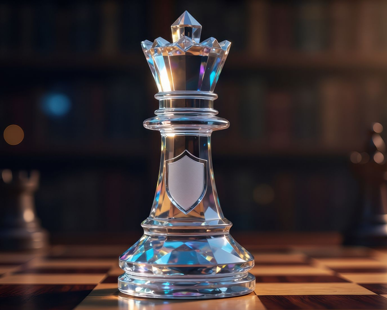 Crystal chess king piece on a chessboard, against a blurred dark background representing Brand Positioning