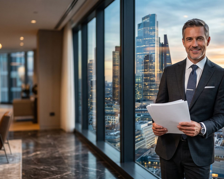 Businessman holding papers in a high-rise office with city skyline at dusk
