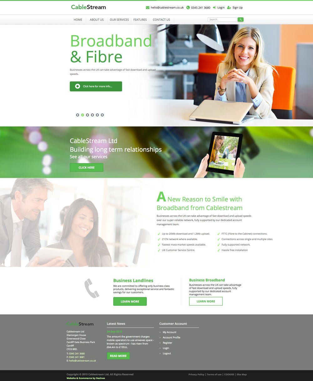 A website for broadband and fibre with a woman holding a tablet