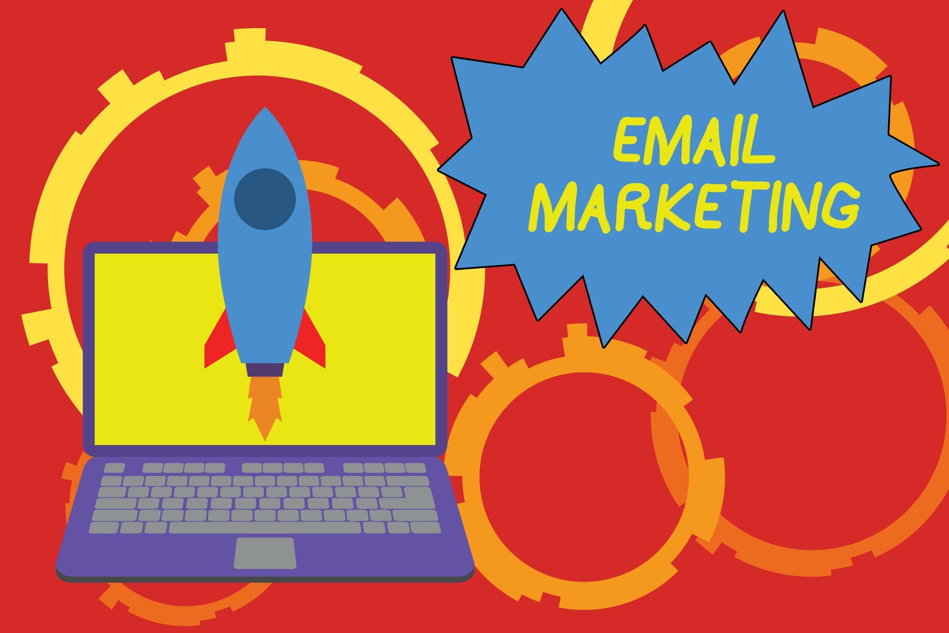 A laptop with a rocket coming out of it and a sign that says email marketing
