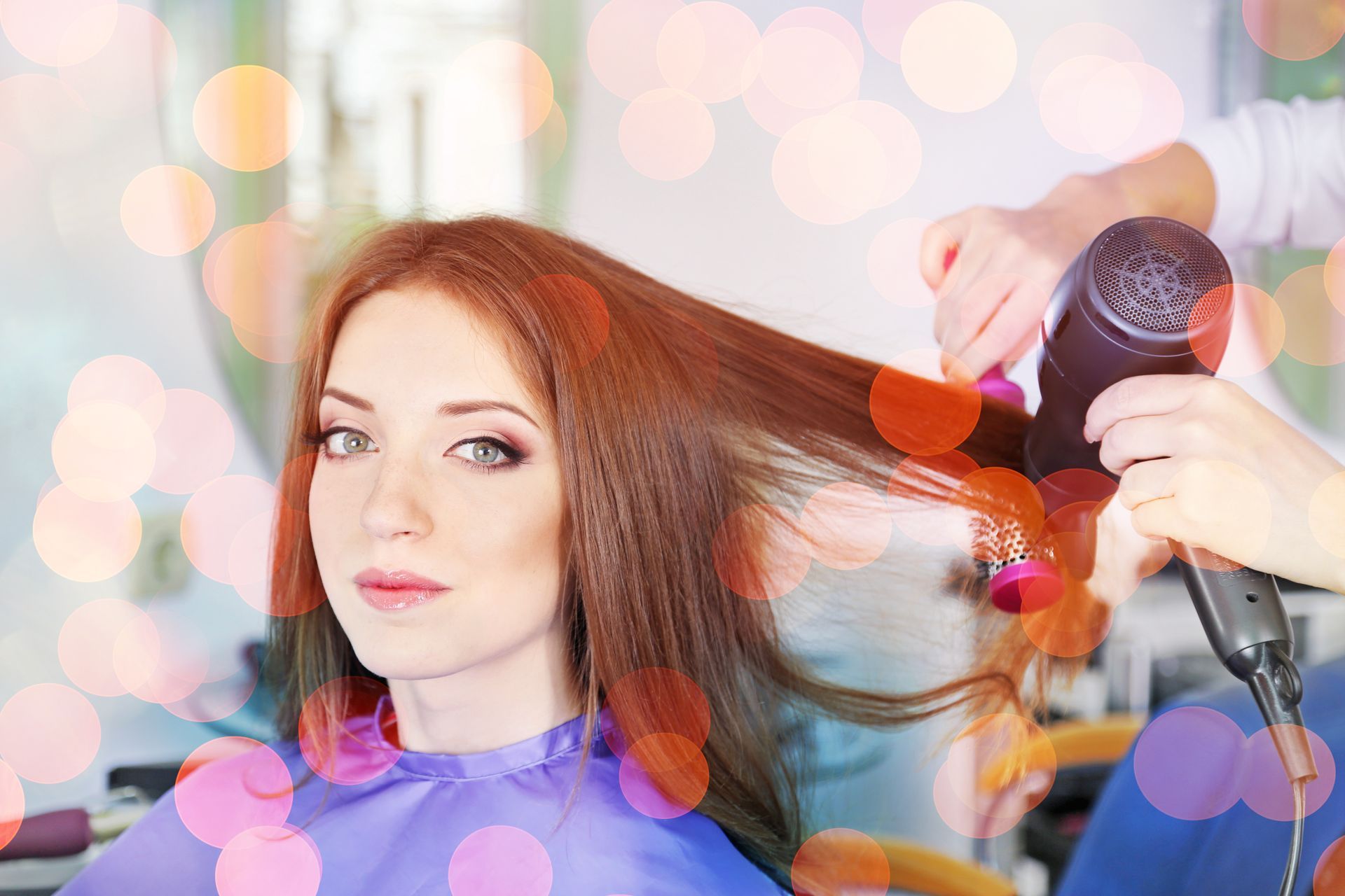WOMAN HAVING HER HARI DONE IN SALON THINKING OF HER ONLINE MEMBERSHIP OFFER a woman is getting her hair blow dried in a salon thinking of her special online membership offer