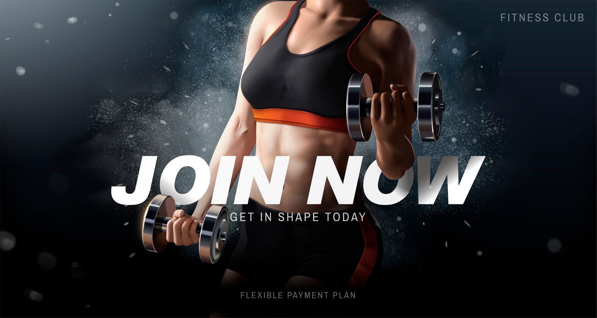 A woman is holding a dumbbell in front of a sign that says join now