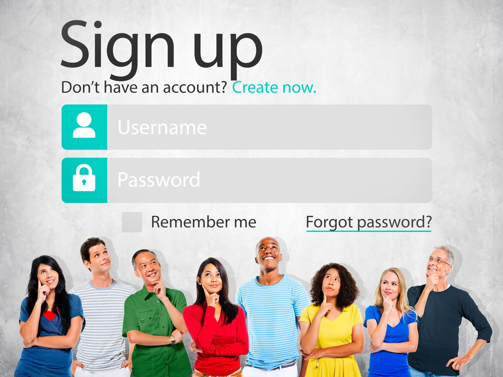 Mixed group of people standing in front of a sign up page considering the membership offer