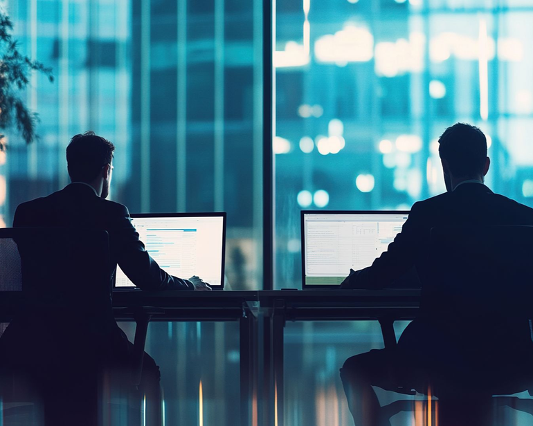 Two silhouetted people working on an ecommerce platform at desktops in a glass-walled office at night