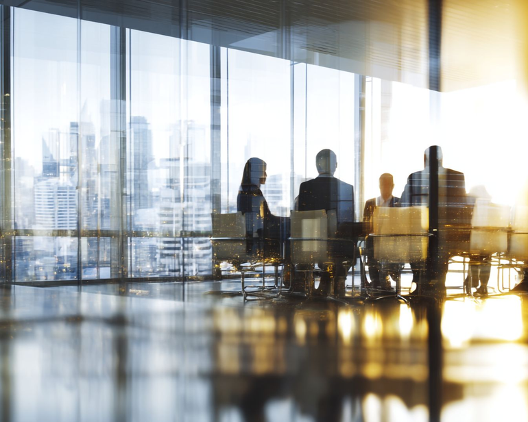 Silhouetted people talking at a boardroom table during a sunset with bright reflections on the surface