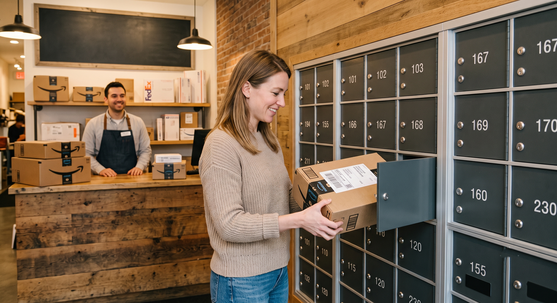 Woman retrieving mail from black mailbox wall in a rustic post office while clerk stands behind the counter