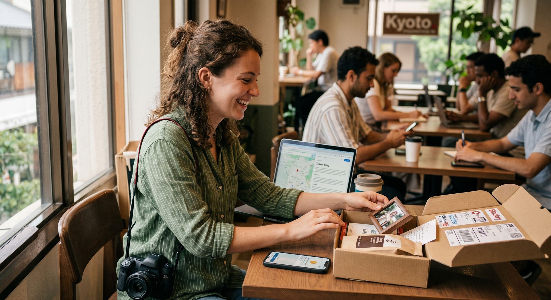 Woman packing boxes at a café table with a laptop, in a bright coworking space