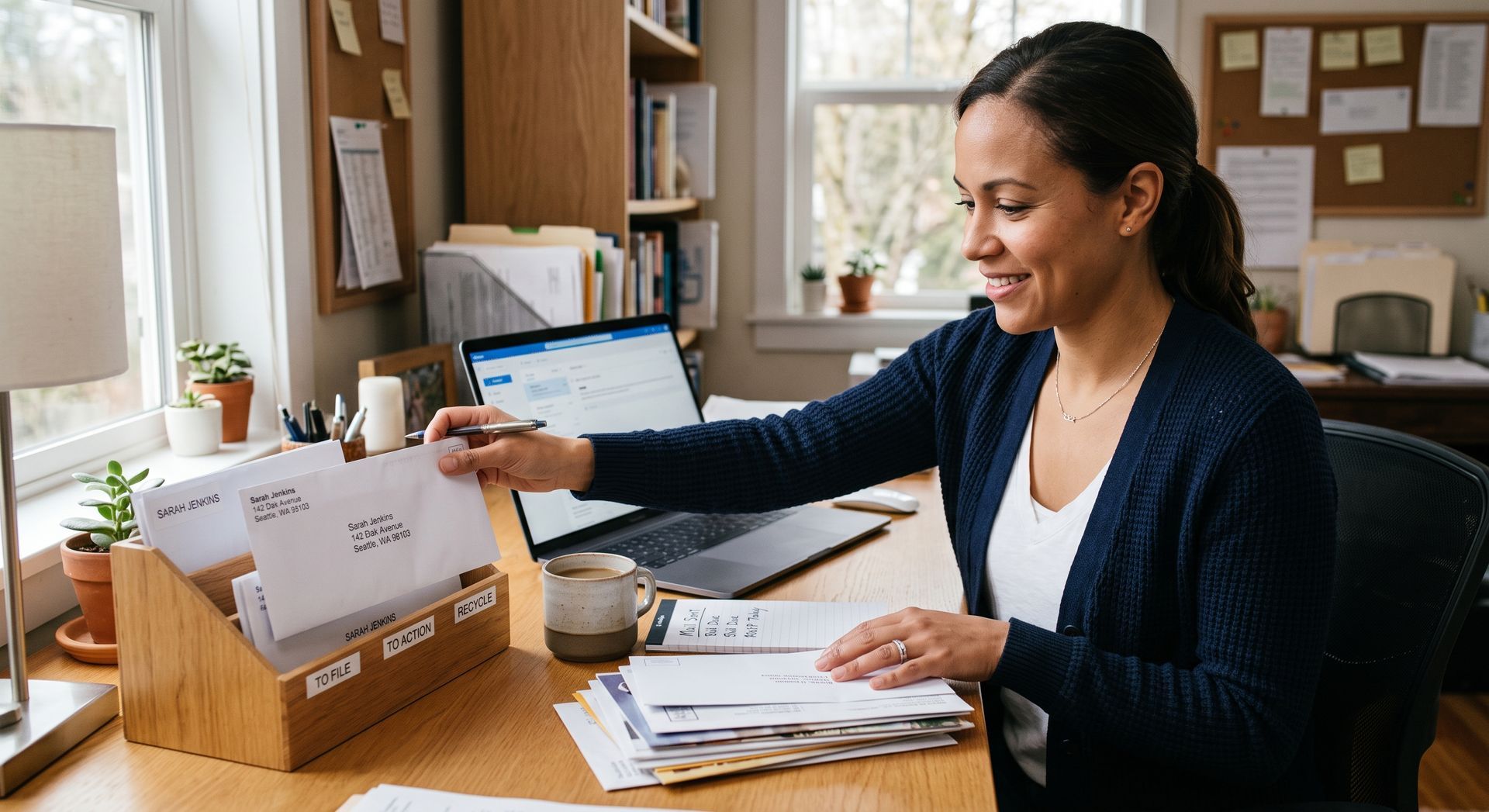 Woman packing papers into a shipping box at a desk in a bright home office