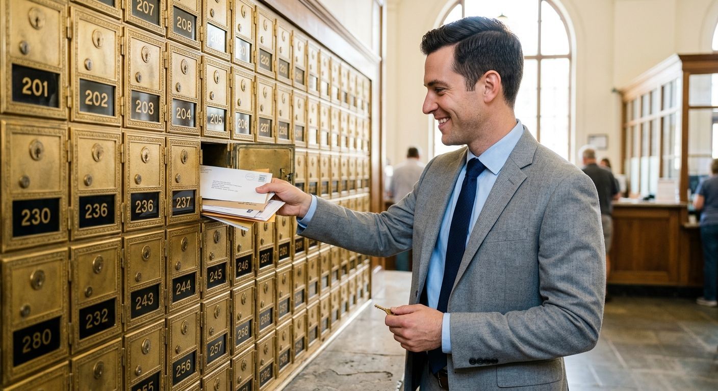 Man in a gray suit placing mail into brass post office boxes