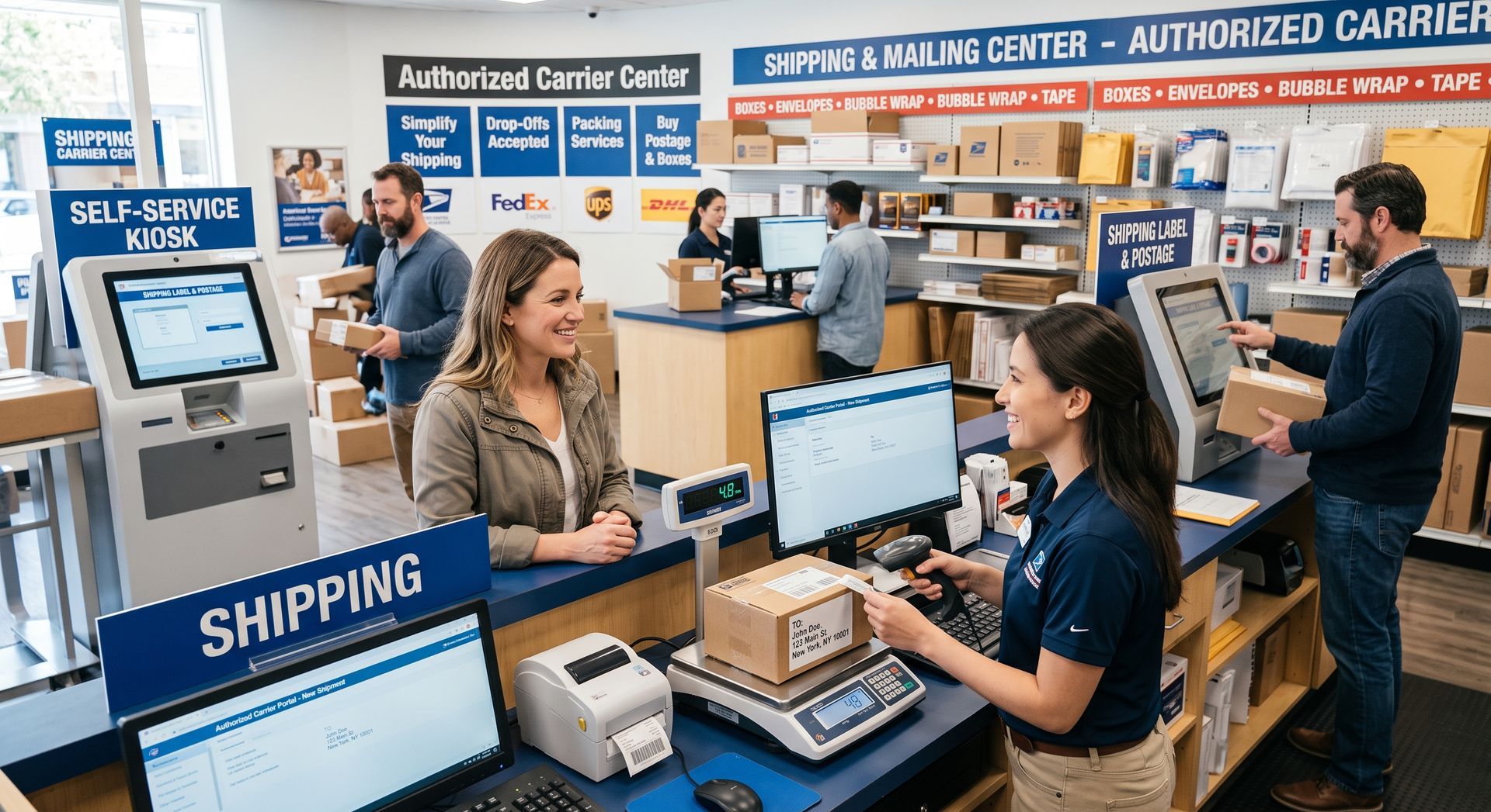 UPS shipping counter with staff processing packages and a customer using self-service kiosk