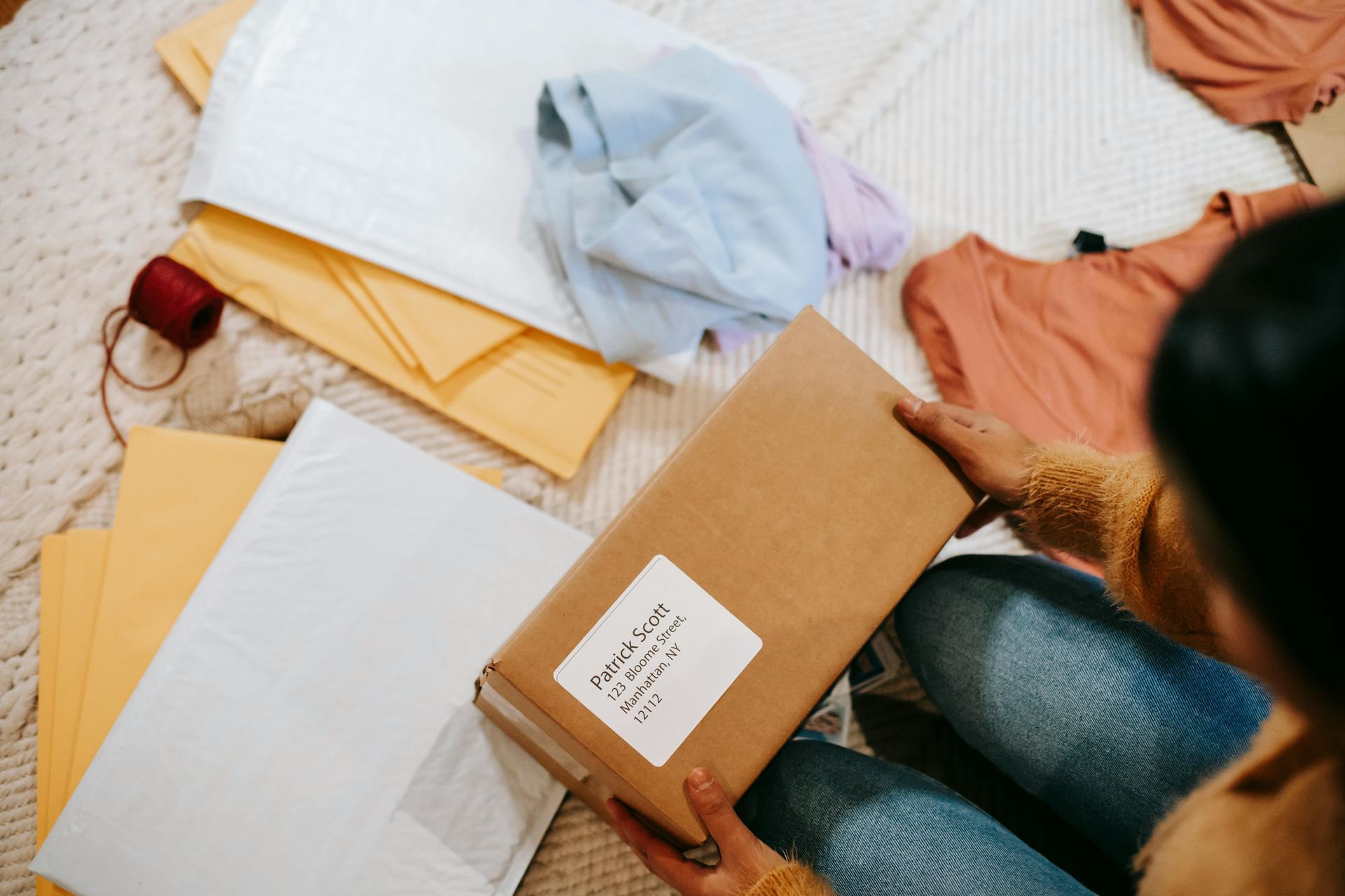 Person packing a brown box among papers and envelopes on a floor with pastel clothing