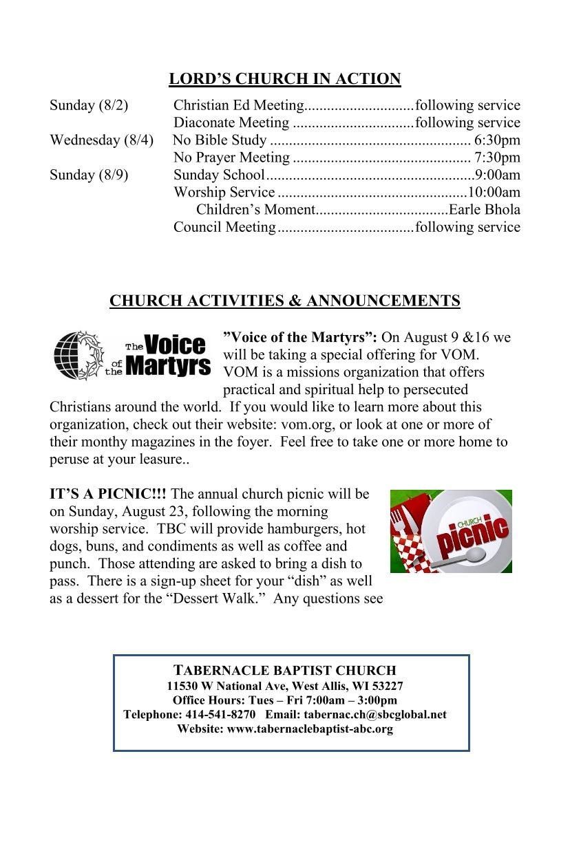Tabernacle Baptist Church - Announcements