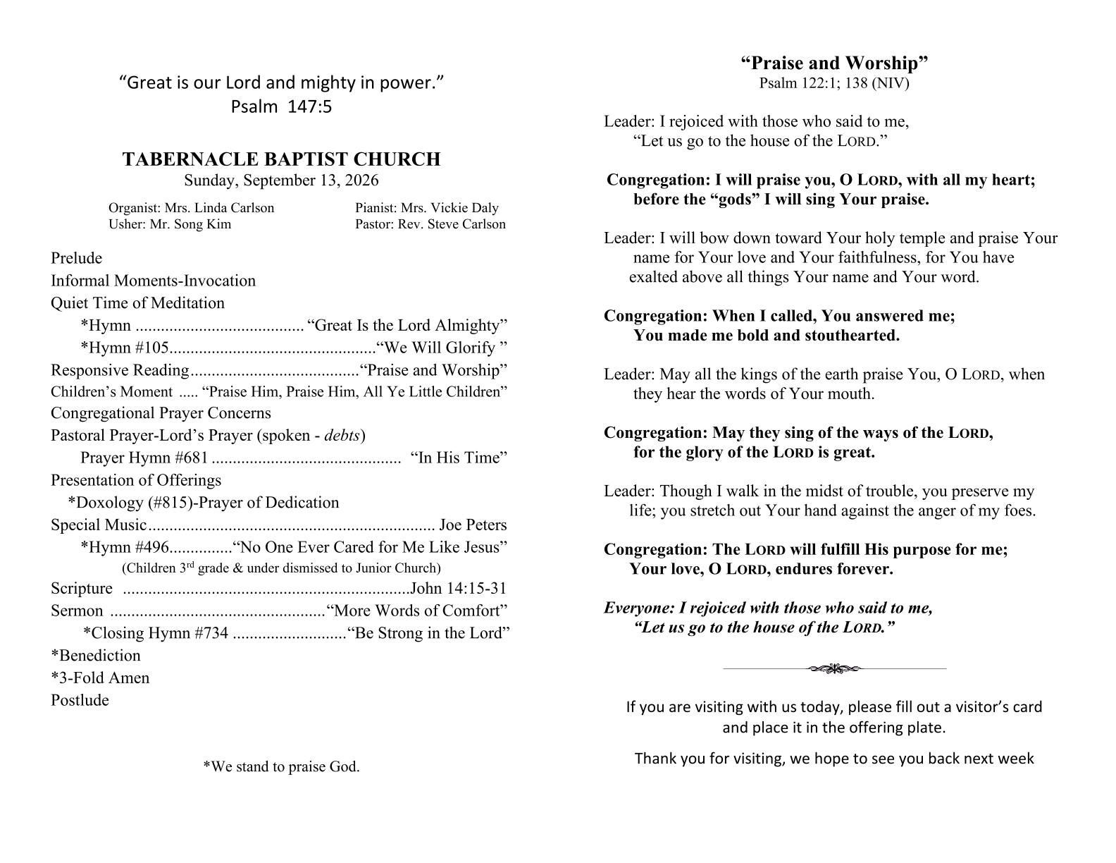 Tabernacle Baptist Church -Order of Service