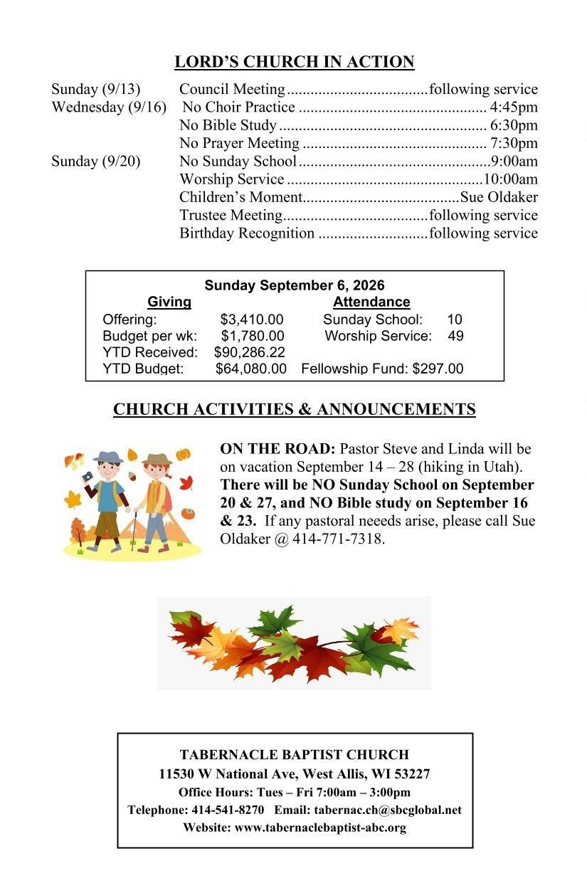 Tabernacle Baptist Church - Announcements