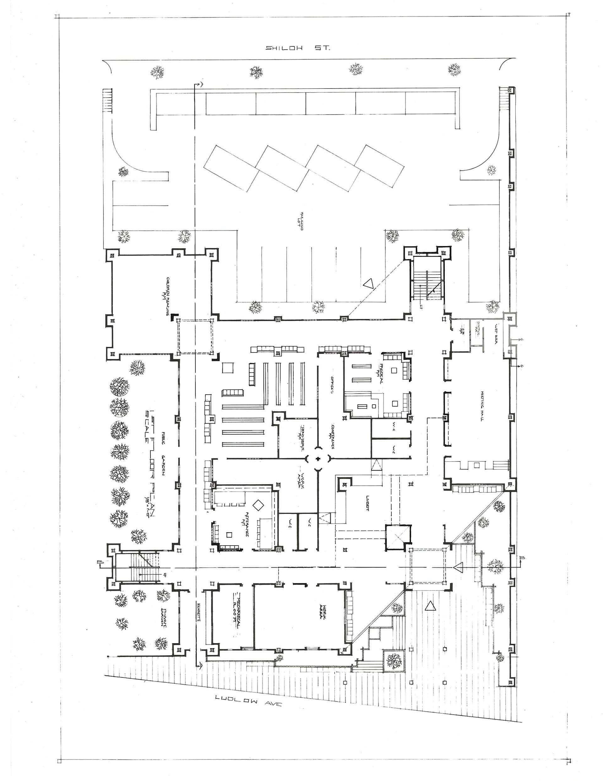 Black-and-white floor plan blueprint with labeled rooms and corridors