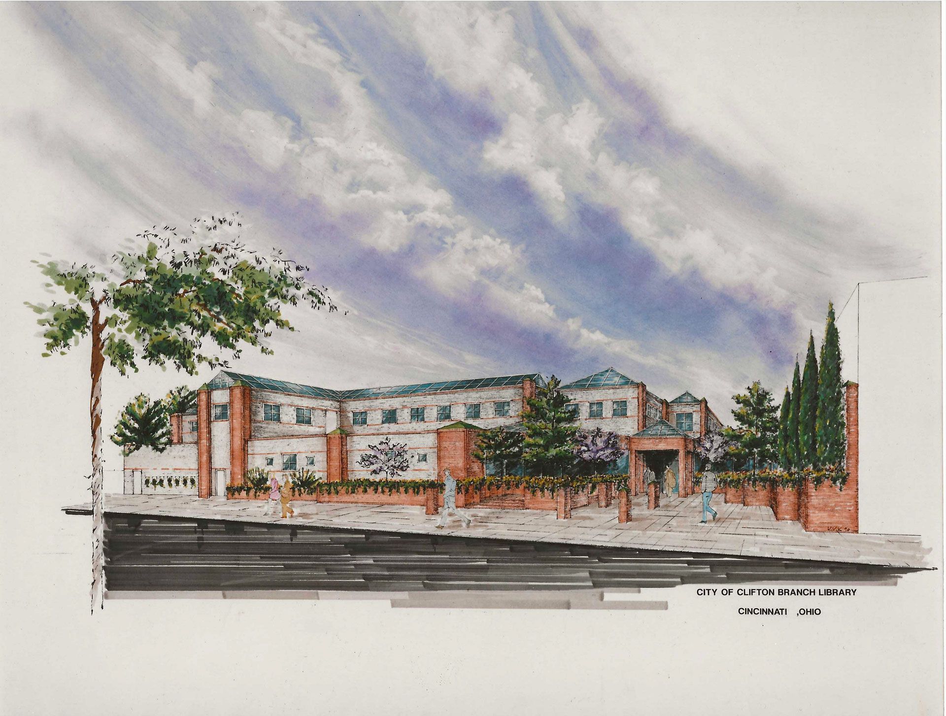 Architectural sketch of a modern brick building with trees, a driveway, and a cloudy sky.