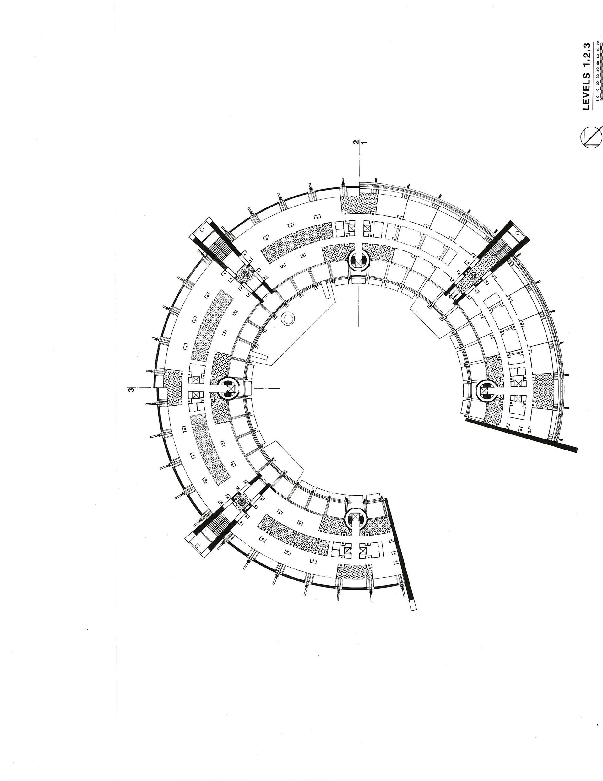 Black-and-white architectural floor plan of a curved building layout with marked sections and labels