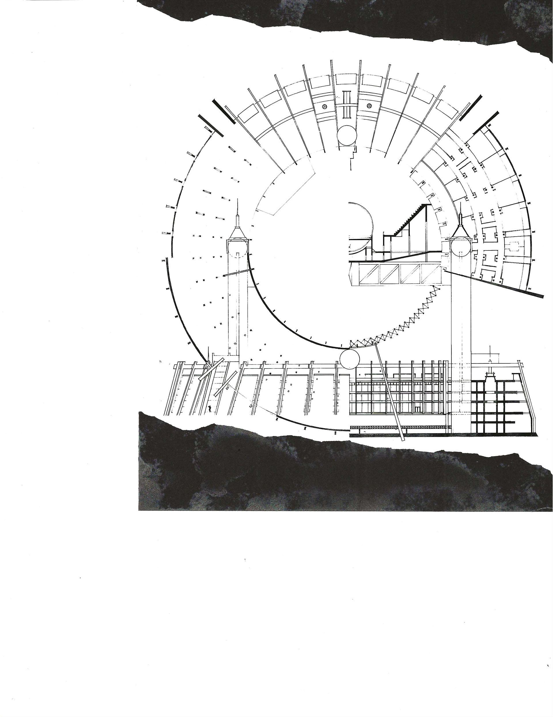 Black-and-white scanned technical diagram with circular measurements and labeled lines