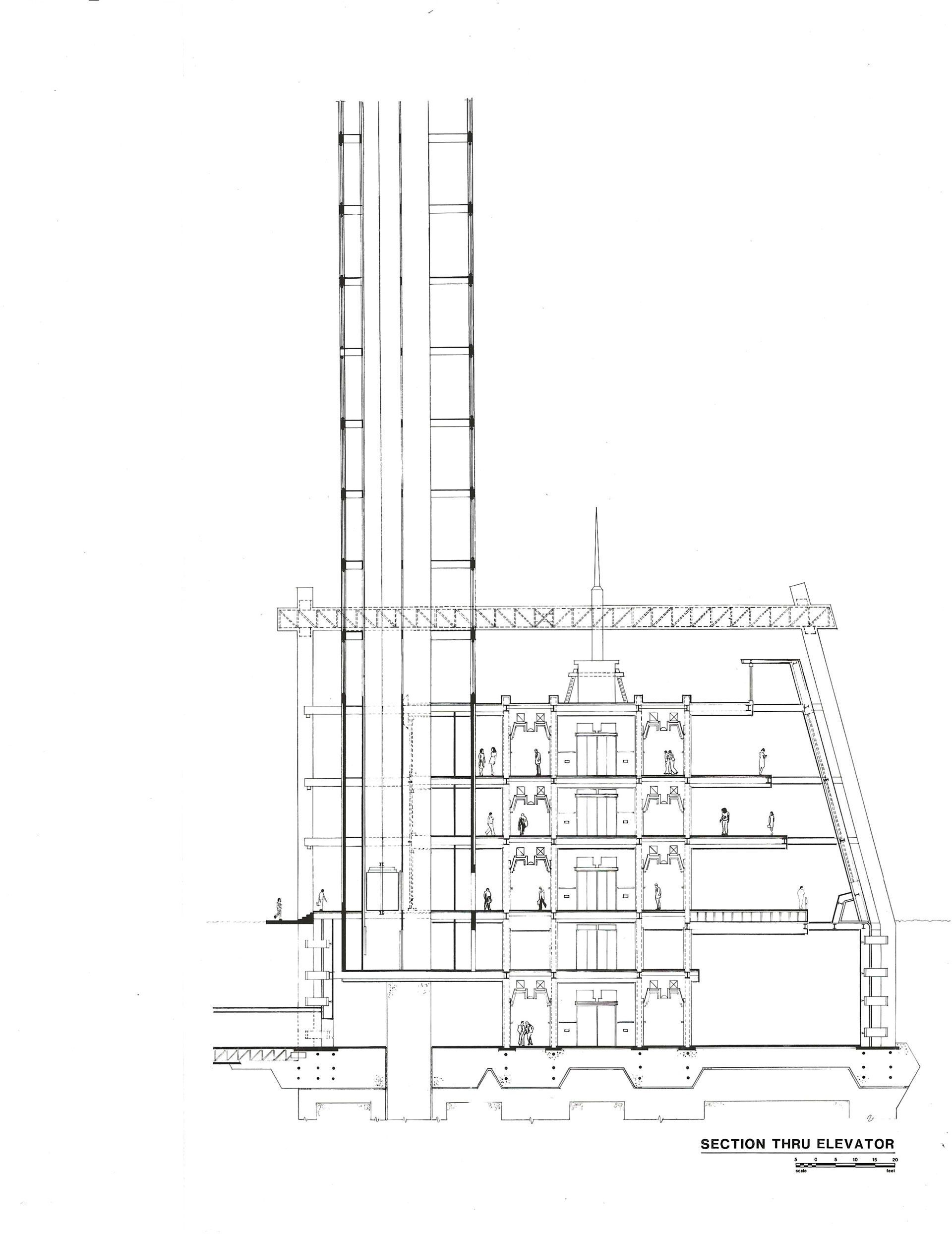 Architectural section drawing of a multi-story building with stairs and structural details