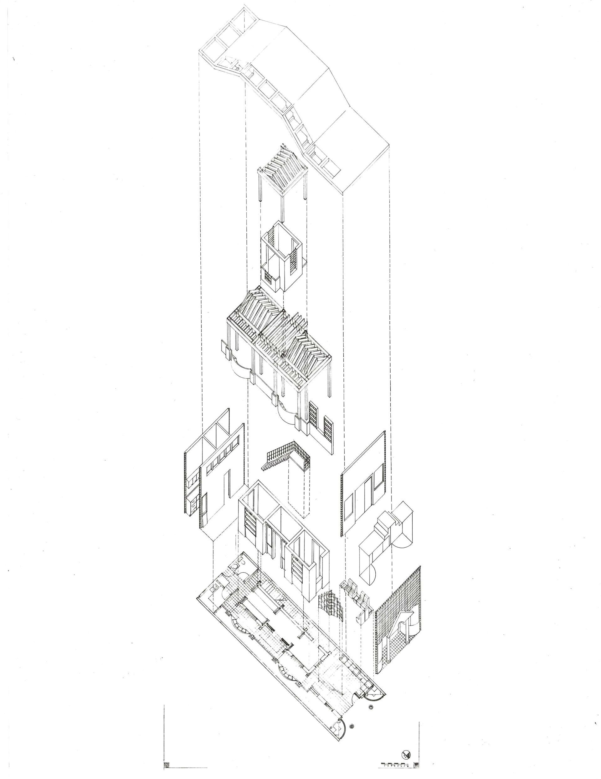 Exploded architectural diagram of a multi-story building with separated floors and components on a white background