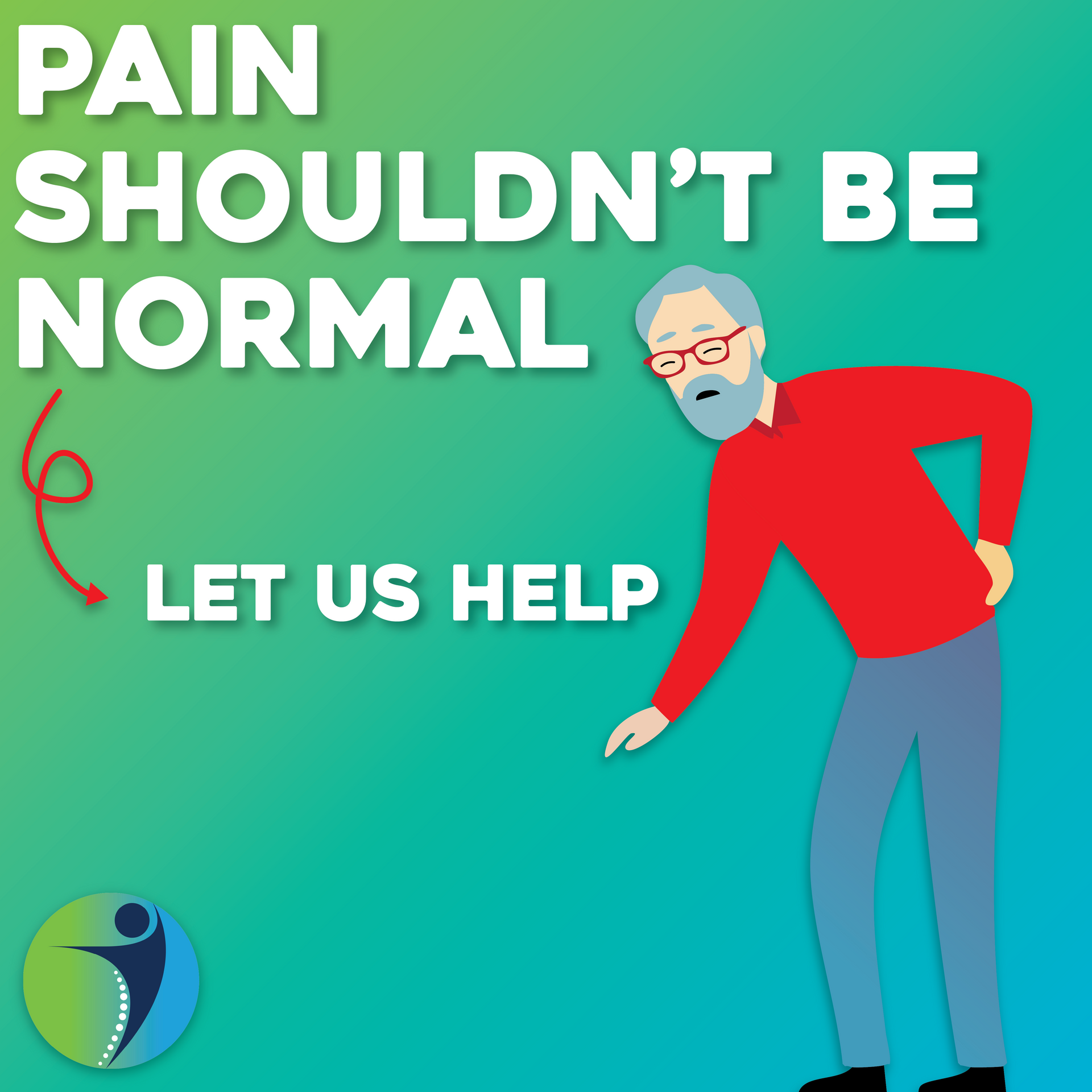 Man in pain, leaning over, red shirt, text: 