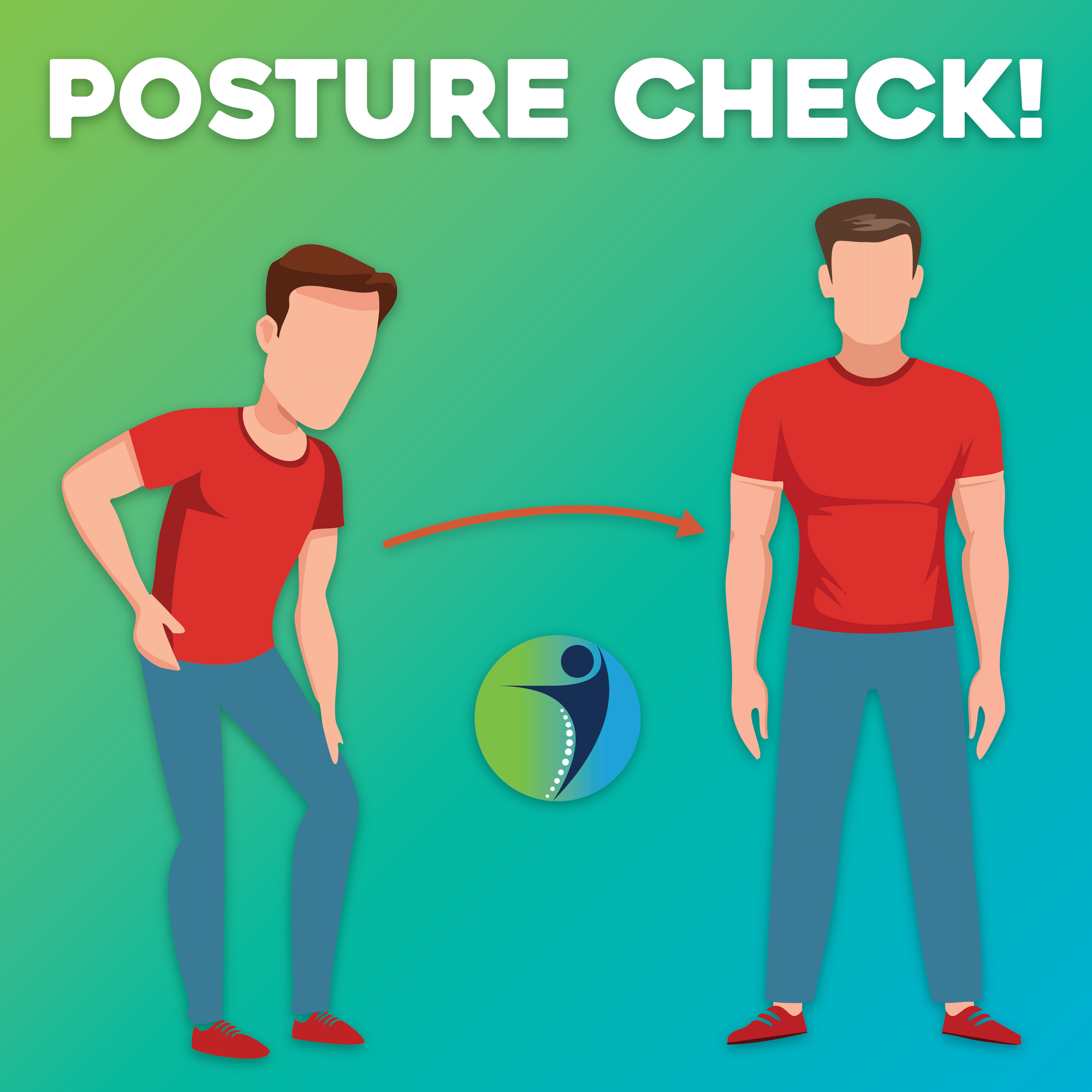 A man with poor posture transforms to good posture. Graphic shows before and after poses to encourage posture check.